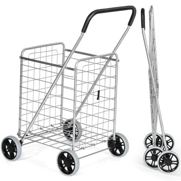Chariot de Courses Pliable avec 4 Roues Structure en Acier Capacité de 45 KG Chariot Marché Poignée Confortable Noir/Argent