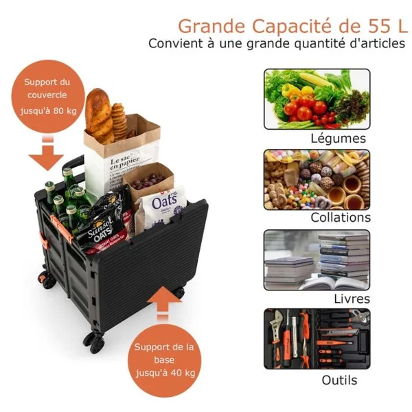 Chariot de Courses Pliable Capacité 55L avec 4 Roues Universelles et Poignée Télescopique en Alliage d'Aluminium Vert