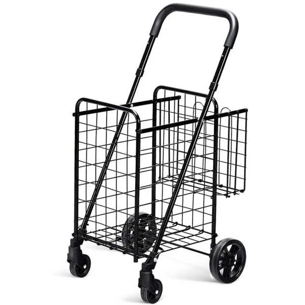 Chariot de Courses Pliable en Acier à 4 Roues avec Double Panier Caddie de Courses Poignée Réglable Idéal pour Mobilité Noir/Argent