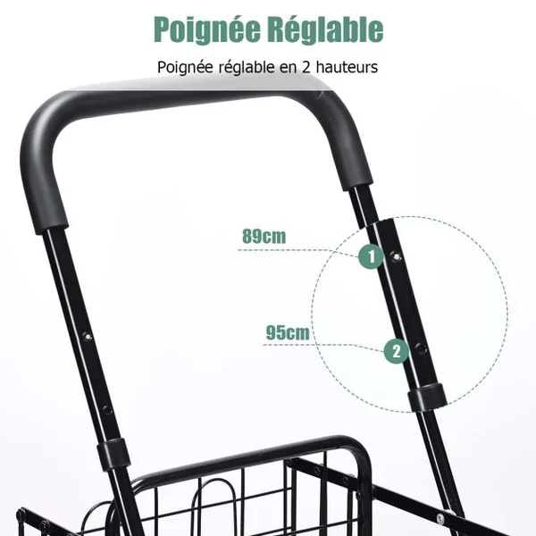 Chariot de Courses Pliable en Acier à 4 Roues avec Double Panier Caddie de Courses Poignée Réglable Idéal pour Mobilité Noir/Argent