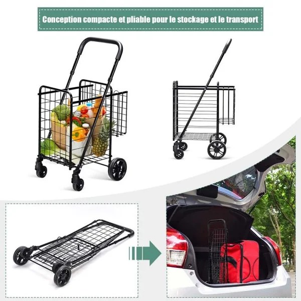 Chariot de Courses Pliable en Acier à 4 Roues avec Double Panier Caddie de Courses Poignée Réglable Idéal pour Mobilité Noir/Argent