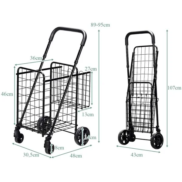 Chariot de Courses Pliable en Acier à 4 Roues avec Double Panier Caddie de Courses Poignée Réglable Idéal pour Mobilité Noir/Argent