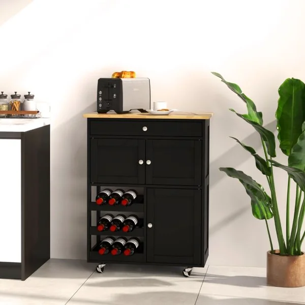 Chariot de Cuisine Desserte de Service à roulettes Meuble de Rangement Cuisine en MDF Solide de Haute Qualité 67 x 37 x 86,5 cm Noir