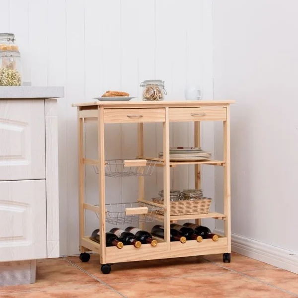Chariot de cuisine Desserte sur roulettes avec 2 Paniers 2 Tiroirs 2 Etagères en Bois de pin 67x37x76cm Naturel