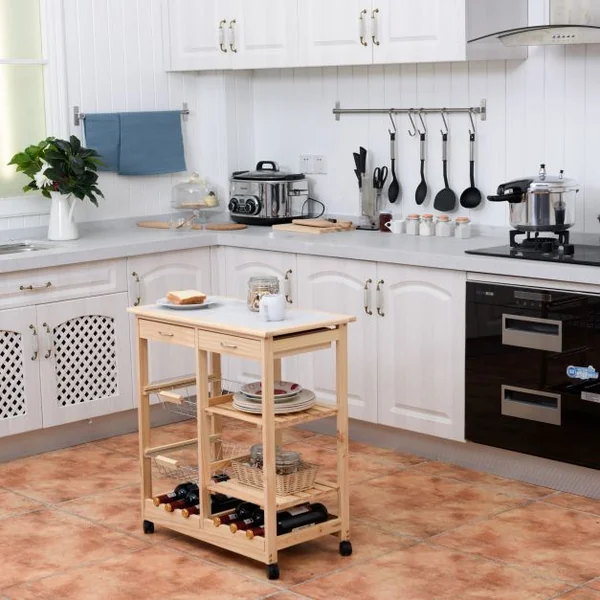 Chariot de cuisine Desserte sur roulettes avec 2 Paniers 2 Tiroirs 2 Etagères en Bois de pin 67x37x76cm Naturel