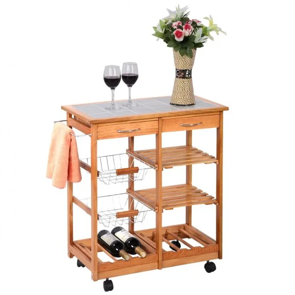 Chariot de cuisine Desserte sur roulettes avec 2 Paniers 2 Tiroirs 2 Etagères en Bois de pin 67x37x76cm Naturel