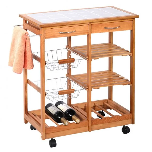 Chariot de cuisine Desserte sur roulettes avec 2 Paniers 2 Tiroirs 2 Etagères en Bois de pin 67x37x76cm Naturel