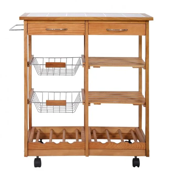 Chariot de cuisine Desserte sur roulettes avec 2 Paniers 2 Tiroirs 2 Etagères en Bois de pin 67x37x76cm Naturel