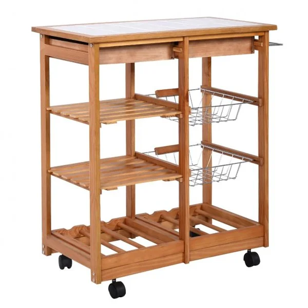 Chariot de cuisine Desserte sur roulettes avec 2 Paniers 2 Tiroirs 2 Etagères en Bois de pin 67x37x76cm Naturel