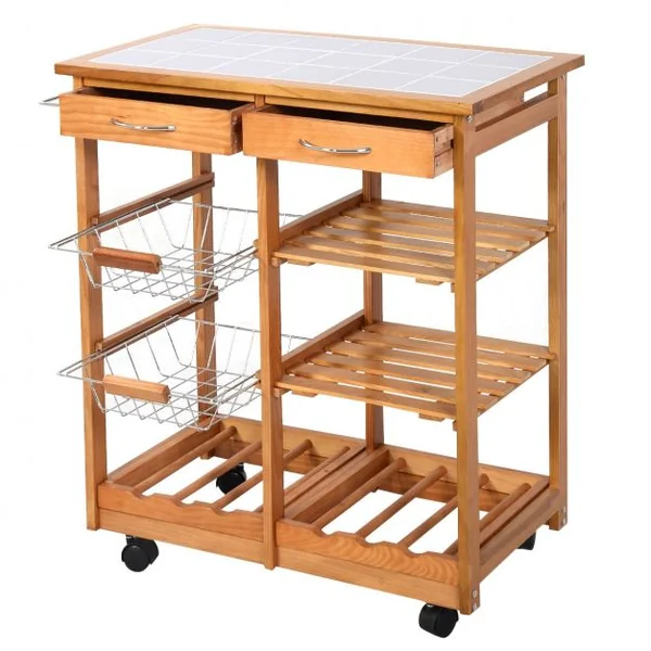 Chariot de cuisine Desserte sur roulettes avec 2 Paniers 2 Tiroirs 2 Etagères en Bois de pin 67x37x76cm Naturel