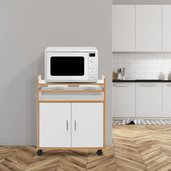 Chariot de Cuisine Roulant avec une Armoire Trois Étagères et Porte-serviettes Pour Cuisine Salon Blanc