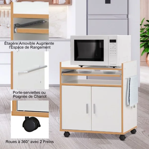 Chariot de Cuisine Roulant avec une Armoire Trois Étagères et Porte-serviettes Pour Cuisine Salon Blanc