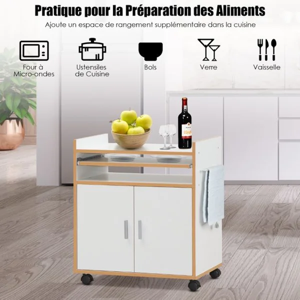 Chariot de Cuisine Roulant avec une Armoire Trois Étagères et Porte-serviettes Pour Cuisine Salon Blanc