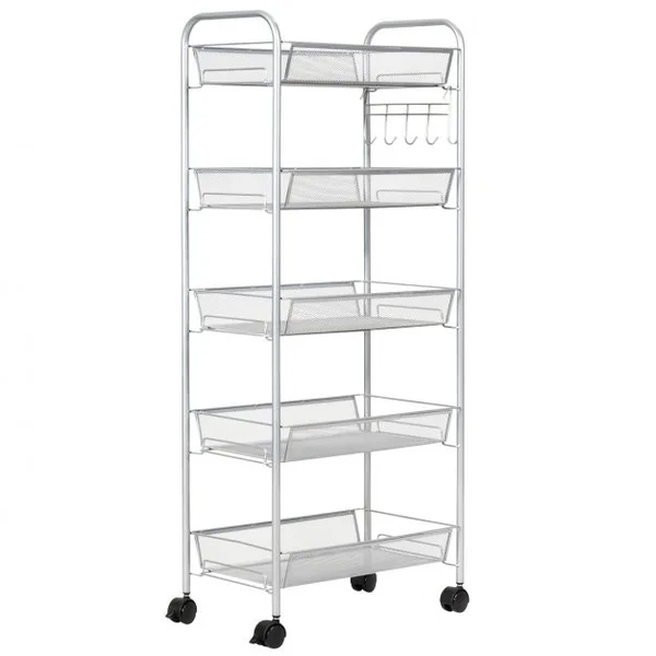 Chariot de Cuisine Roulant Verrouillables 5 Paniers de Rangement Capacité Par Niveau 5 Kg en Fer 43,5x26x104cm Gris