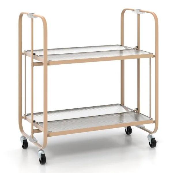 Chariot de Cuisine à 2 Niveaux Desserte à Roulettes Pliable avec Etagère en Verre Trempé pour Salle à Manger Bar Rose