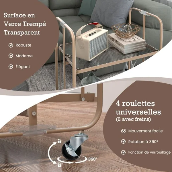 Chariot de Cuisine à 2 Niveaux Desserte à Roulettes Pliable avec Etagère en Verre Trempé pour Salle à Manger Bar Rose