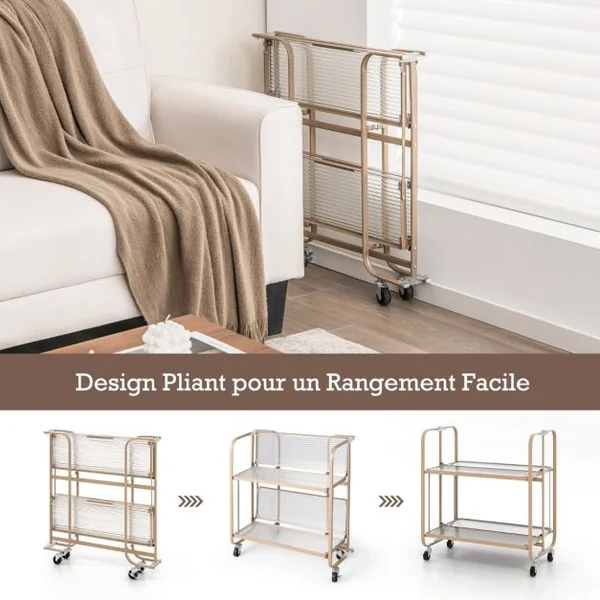Chariot de Cuisine à 2 Niveaux Desserte à Roulettes Pliable avec Etagère en Verre Trempé pour Salle à Manger Bar Rose