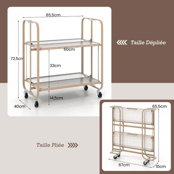 Chariot de Cuisine à 2 Niveaux Desserte à Roulettes Pliable avec Etagère en Verre Trempé pour Salle à Manger Bar Rose