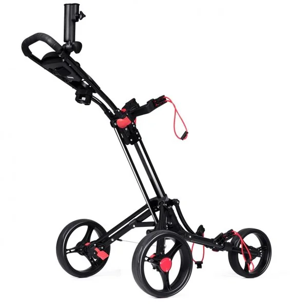 Chariot de Golf 3 Roues Pliable avec Porte-parapluie et Porte-tee Frein Au Pied et Poignée Rembourrée en Aluminium Noir