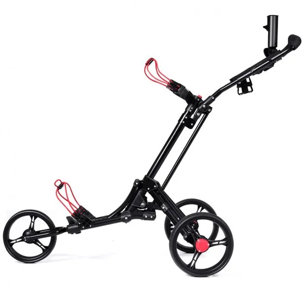 Chariot de Golf 3 Roues Pliable avec Porte-parapluie et Porte-tee Frein Au Pied et Poignée Rembourrée en Aluminium Noir