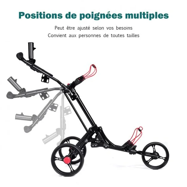 Chariot de Golf 3 Roues Pliable avec Porte-parapluie et Porte-tee Frein Au Pied et Poignée Rembourrée en Aluminium Noir