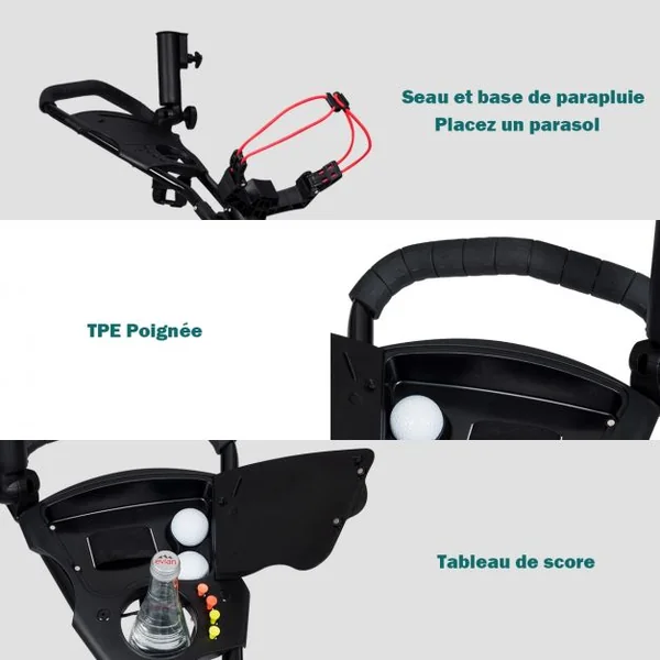 Chariot de Golf 3 Roues Pliable avec Porte-parapluie et Porte-tee Frein Au Pied et Poignée Rembourrée en Aluminium Noir