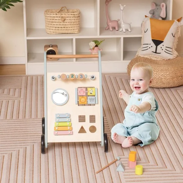 Chariot de Marche en Bois avec Panneau de Jeu Marcheur D'apprentissage Bébé avec Espace de Rangement Trotteur pour Bébé de 10 Mois+ Bleu