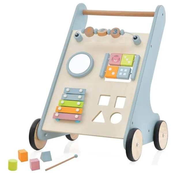 Chariot de Marche en Bois avec Panneau de Jeu Marcheur D'apprentissage Bébé avec Espace de Rangement Trotteur pour Bébé de 10 Mois+ Bleu