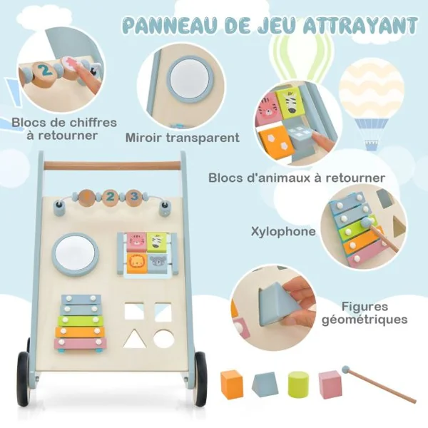 Chariot de Marche en Bois avec Panneau de Jeu Marcheur D'apprentissage Bébé avec Espace de Rangement Trotteur pour Bébé de 10 Mois+ Bleu