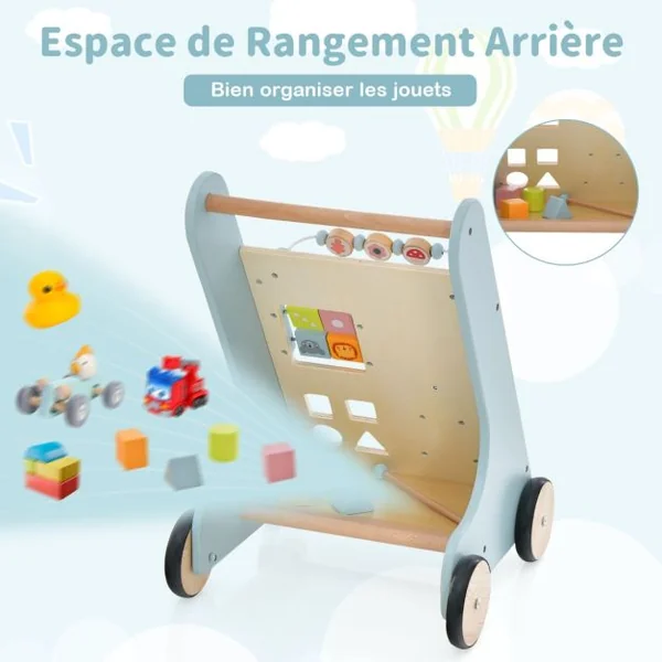 Chariot de Marche en Bois avec Panneau de Jeu Marcheur D'apprentissage Bébé avec Espace de Rangement Trotteur pour Bébé de 10 Mois+ Bleu