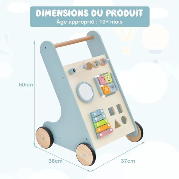 Chariot de Marche en Bois avec Panneau de Jeu Marcheur D'apprentissage Bébé avec Espace de Rangement Trotteur pour Bébé de 10 Mois+ Bleu
