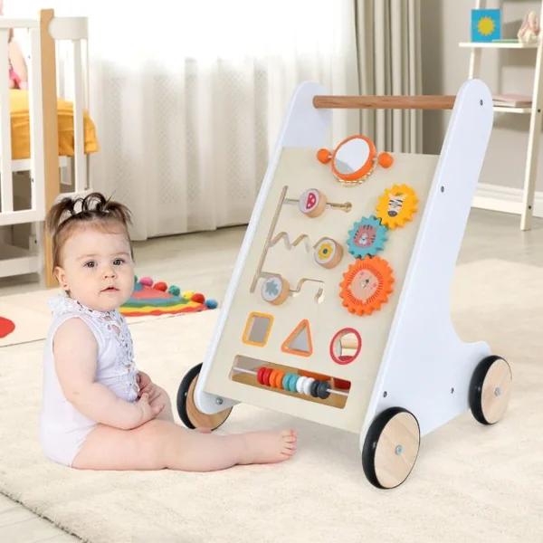 Chariot de Marche en Bois avec Panneau de Jeu Trotteur Bébé avec Espace de Rangement Marcheur D'apprentissage Bébé de 10 Mois+ Blanc