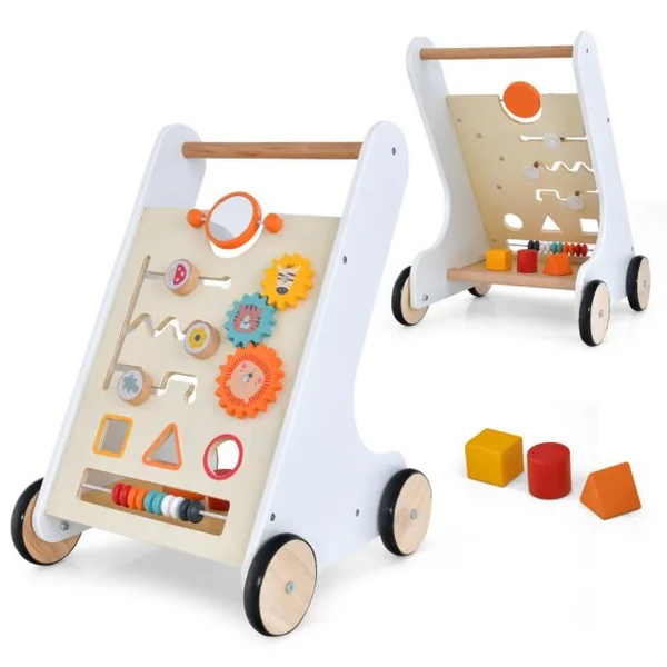 Chariot de Marche en Bois avec Panneau de Jeu Trotteur Bébé avec Espace de Rangement Marcheur D'apprentissage Bébé de 10 Mois+ Blanc