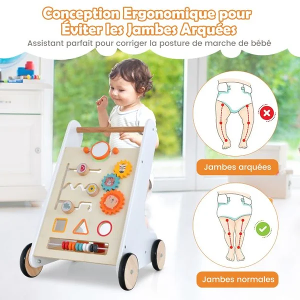 Chariot de Marche en Bois avec Panneau de Jeu Trotteur Bébé avec Espace de Rangement Marcheur D'apprentissage Bébé de 10 Mois+ Blanc
