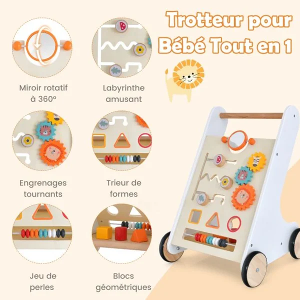 Chariot de Marche en Bois avec Panneau de Jeu Trotteur Bébé avec Espace de Rangement Marcheur D'apprentissage Bébé de 10 Mois+ Blanc