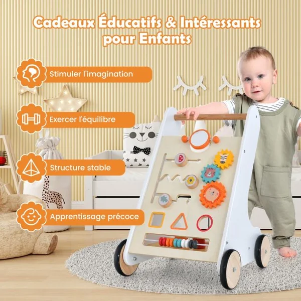 Chariot de Marche en Bois avec Panneau de Jeu Trotteur Bébé avec Espace de Rangement Marcheur D'apprentissage Bébé de 10 Mois+ Blanc