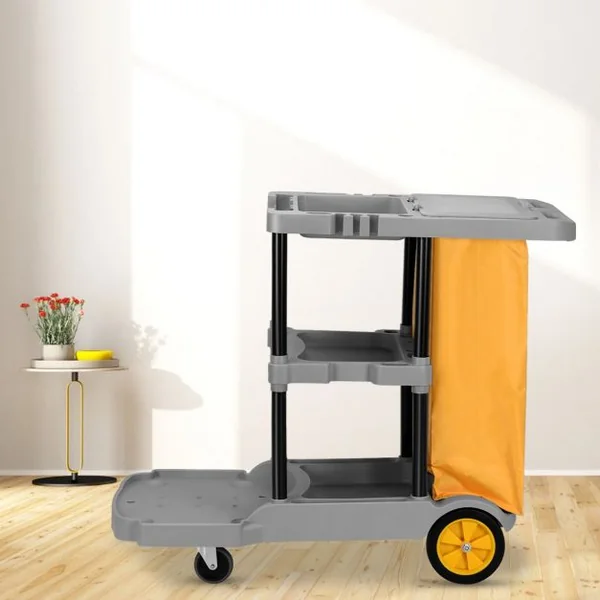 Chariot de Nettoyage avec sac poubelle 85L, 3 Plateaux,4 Roulettes pour Hôtel, Restaurant, Bureau, 108x55.5x98cm, Gris