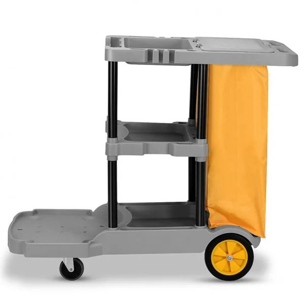 Chariot de Nettoyage avec sac poubelle 85L, 3 Plateaux,4 Roulettes pour Hôtel, Restaurant, Bureau, 108x55.5x98cm, Gris