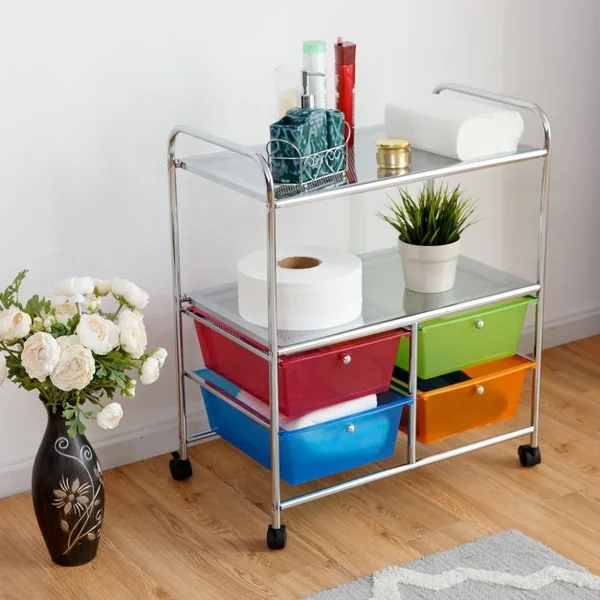 Chariot de Rangement 58,5 x 37 x 75 cm avec 2 Etagères 4 Tiroirs 4 Roues et 2 Freins