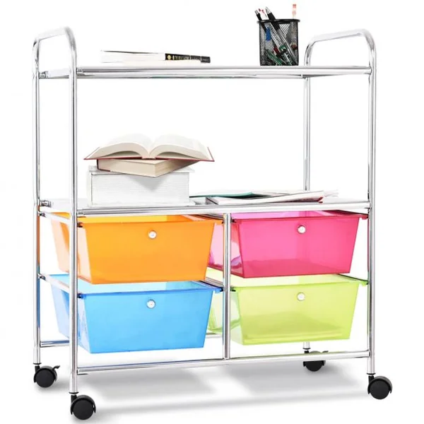 Chariot de Rangement 58,5 x 37 x 75 cm avec 2 Etagères 4 Tiroirs 4 Roues et 2 Freins