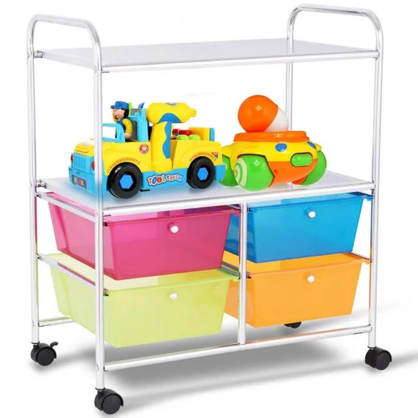 Chariot de Rangement 58,5 x 37 x 75 cm avec 2 Etagères 4 Tiroirs 4 Roues et 2 Freins
