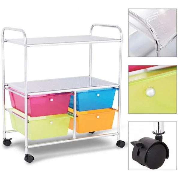 Chariot de Rangement 58,5 x 37 x 75 cm avec 2 Etagères 4 Tiroirs 4 Roues et 2 Freins