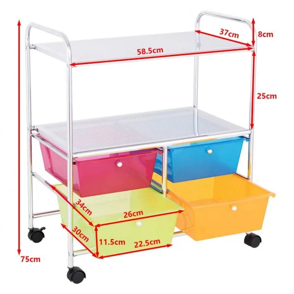 Chariot de Rangement 58,5 x 37 x 75 cm avec 2 Etagères 4 Tiroirs 4 Roues et 2 Freins