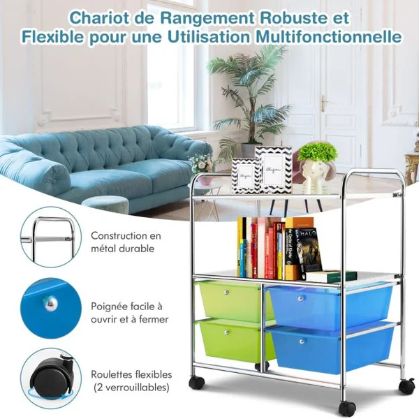 Chariot de Rangement 63,5 x 37 x 75 cm avec 2 Etagères 4 Tiroirs 4 Roues et 2 Freins Vert