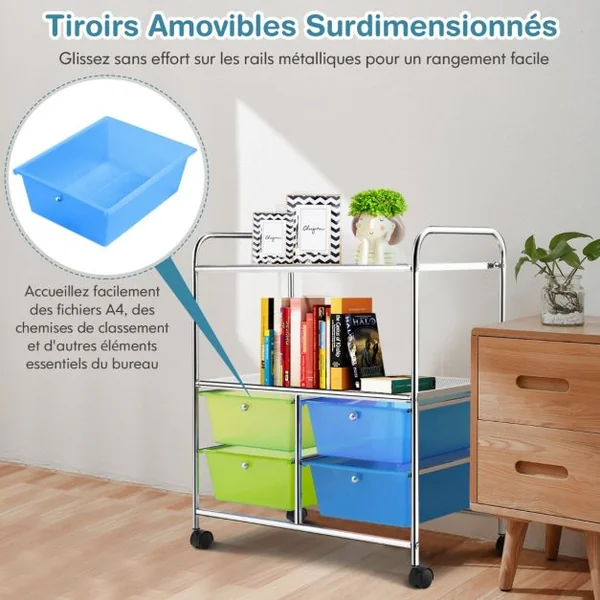Chariot de Rangement 63,5 x 37 x 75 cm avec 2 Etagères 4 Tiroirs 4 Roues et 2 Freins Vert