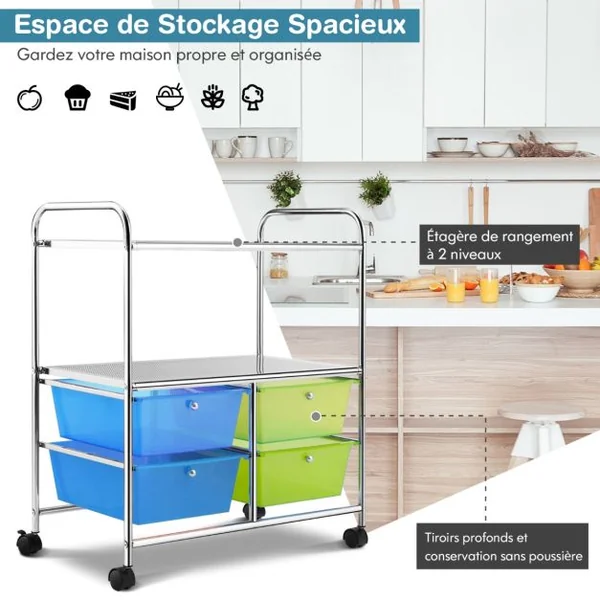 Chariot de Rangement 63,5 x 37 x 75 cm avec 2 Etagères 4 Tiroirs 4 Roues et 2 Freins Vert