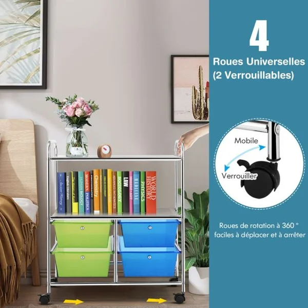 Chariot de Rangement 63,5 x 37 x 75 cm avec 2 Etagères 4 Tiroirs 4 Roues et 2 Freins Vert