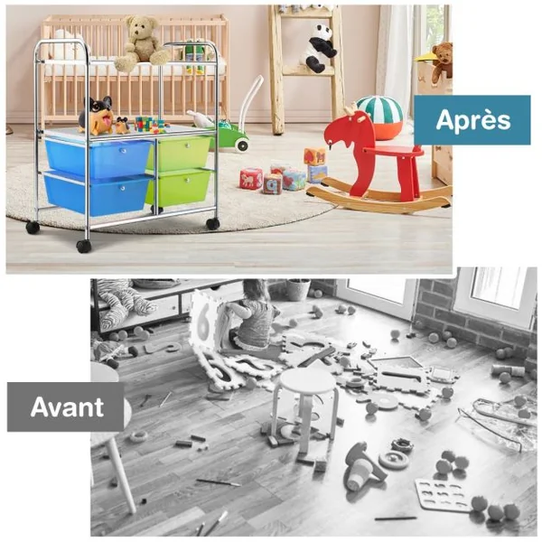 Chariot de Rangement 63,5 x 37 x 75 cm avec 2 Etagères 4 Tiroirs 4 Roues et 2 Freins Vert