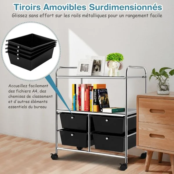 Chariot de Rangement 63 x 37 x 73,5 cm avec 2 Etagères 4 Tiroirs 4 Roues et 2 Freins Noir