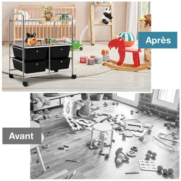 Chariot de Rangement 63 x 37 x 73,5 cm avec 2 Etagères 4 Tiroirs 4 Roues et 2 Freins Noir